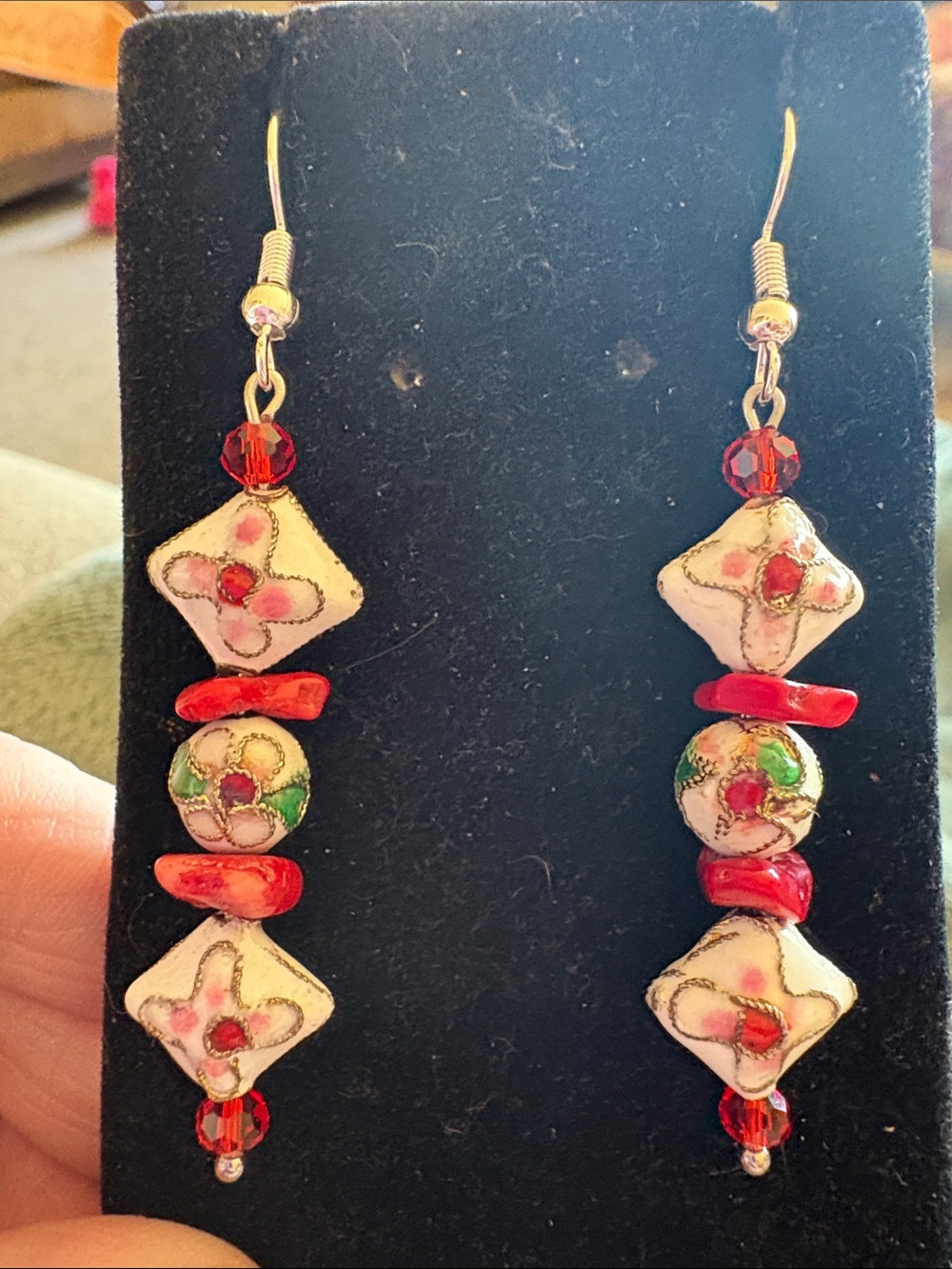 Hand Crafted Red, White and Green Floral Cloisonné Drop Earrings